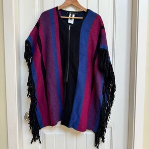 BCBGMaxAzria Fuchsia Black Wool Angora Cashmere Blend Zipped Fringed Poncho. S